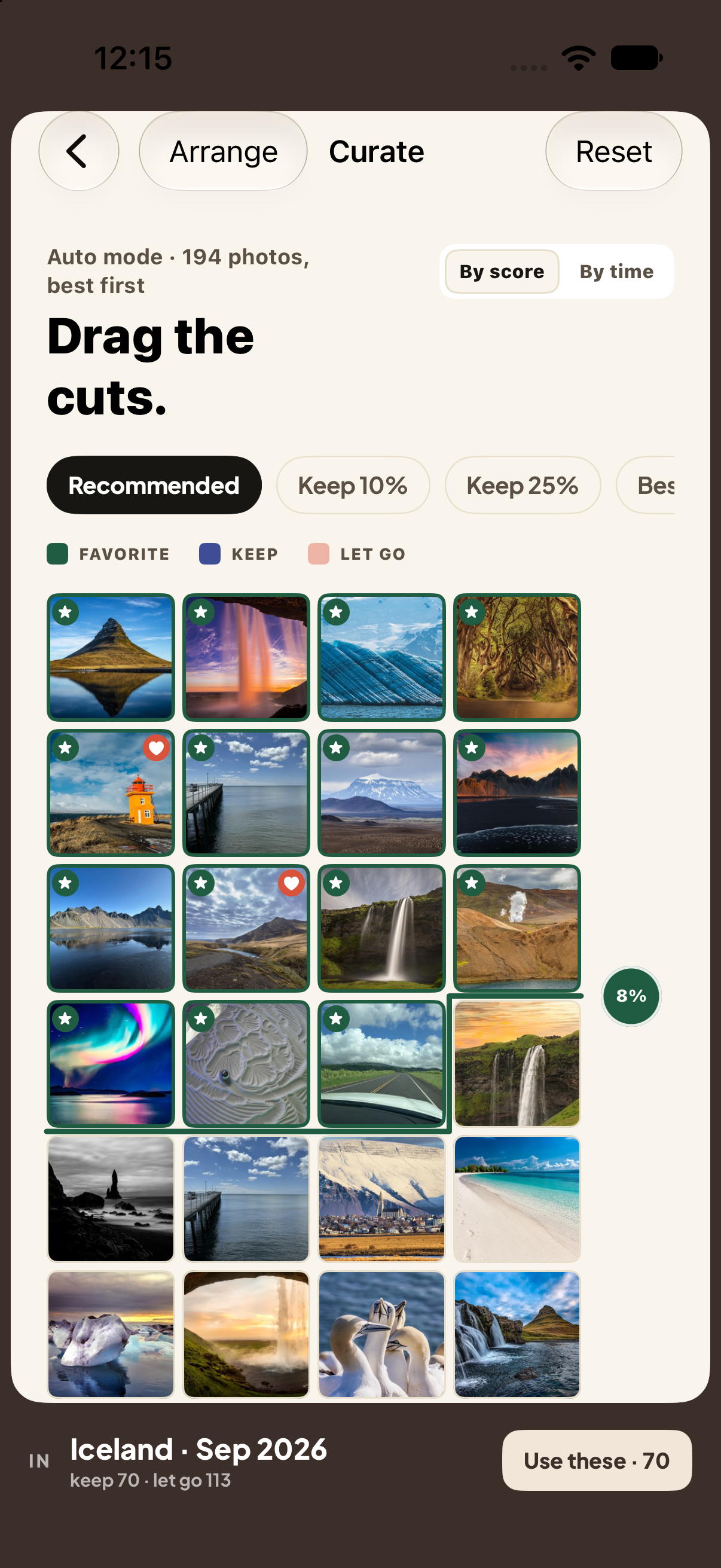 Curate an event by image scores