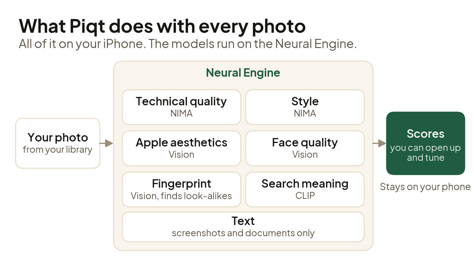 Diagram: your photo flows into the neural engine, which runs technical quality and style (NIMA), Apple aesthetics, face quality and fingerprint (Vision), search meaning (CLIP), and text for screenshots and documents. The result is scores you can open up and tune, and it stays on your phone.